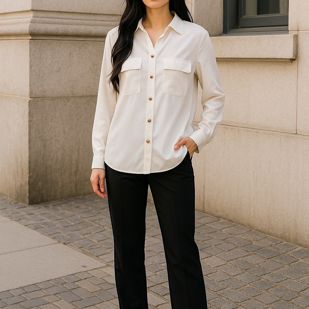 Zara Elegant White Button Down Blouse Silver Buttons Pleats on‎ the Cuffs